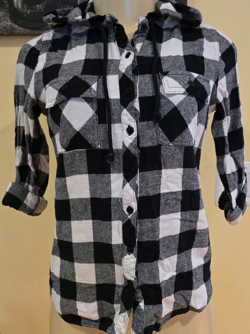 Polly & Esther Teen Girls Black and White Plaid Hooded Button-Down Shirt